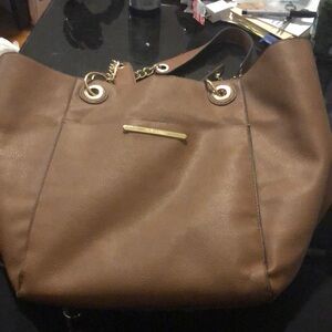 Steve Madden~Large Brown Leather Tote Bag~flower pattern inside